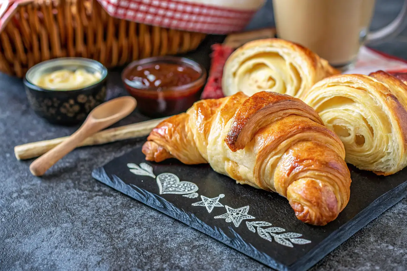 Freshly Gipfeli Recipe served in a rustic wooden tray, accompanied by a steaming cup of coffee, butter, and cream on a wooden table.