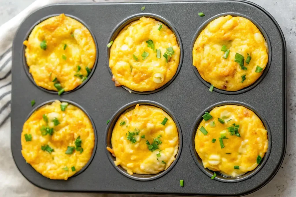 A serving of Starbucks potato chive bake plated with fresh herbs and a side of roasted vegetables. 