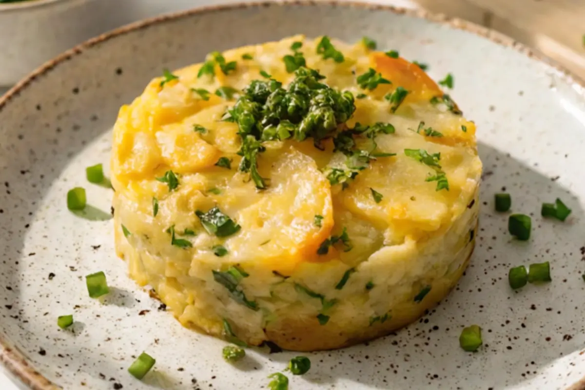 Close-up of golden-brown potato chive bake with cheddar and chives. Starbucks potato chive bake recipe