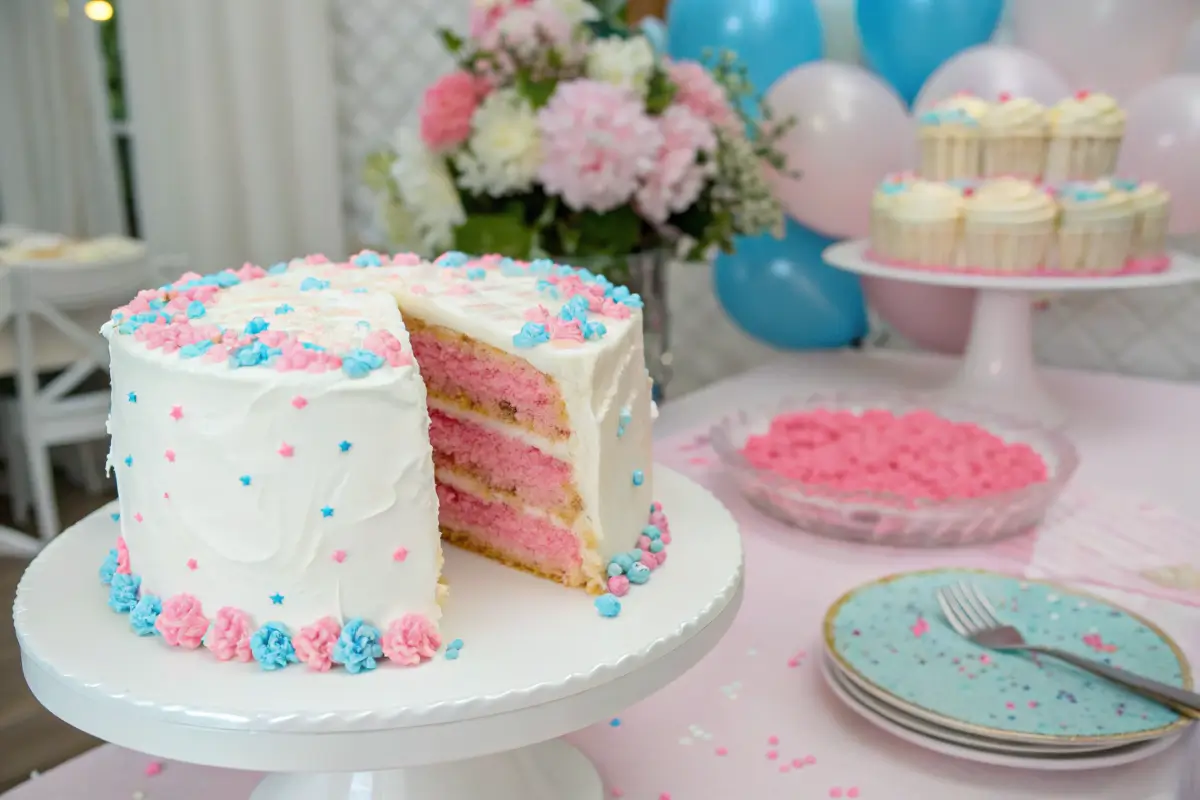 Gender reveal cake with white frosting, pink interior layers, and blue and pink decorations on a festive baby shower table.