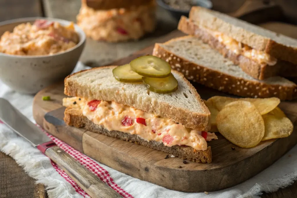 Old Fashioned Pimento Cheese Recipe: Easy & Creamy Pimento cheese sandwich served with pickles.