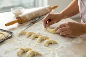 Hands shaping Gipfeli dough into crescent shapes on a floured countertop with rolling pin, knife, and dough pieces in the background