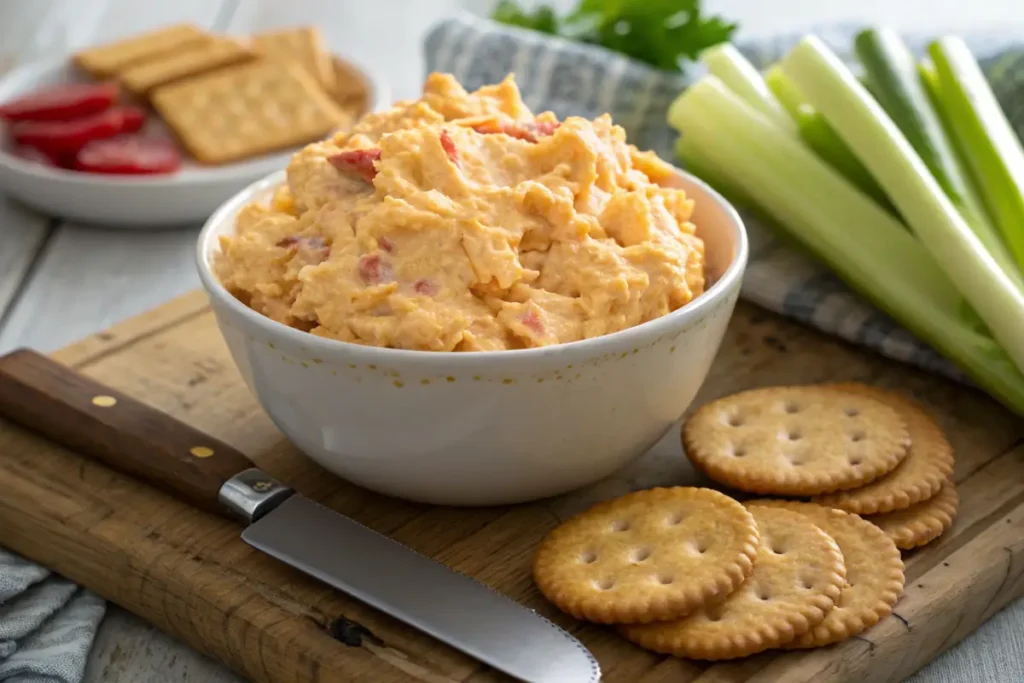 Bowl of creamy old fashioned pimento cheese recipe spread surrounded by crackers, celery sticks, and a knife on a wooden board