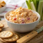 Close-up of old fashioned pimento cheese recipe spread in a white bowl, served with crackers, celery sticks, and a cheese knife on a wooden board.