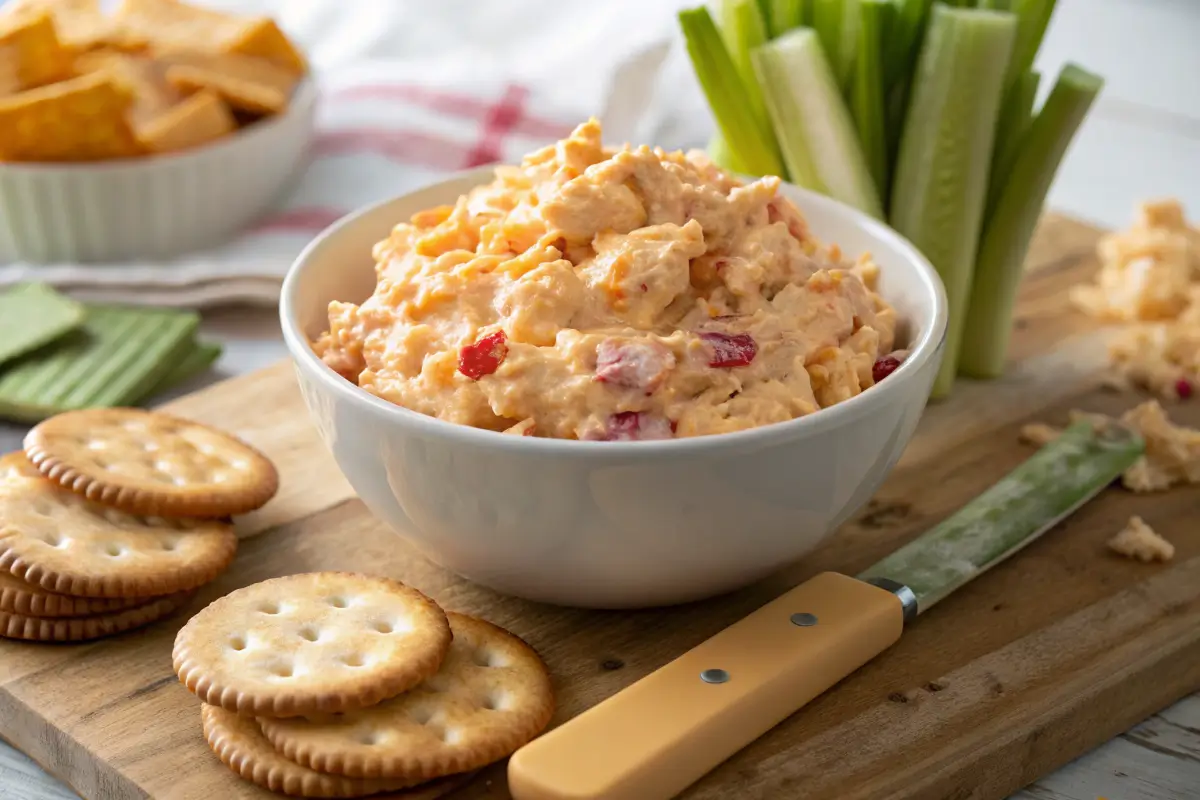 Close-up of old fashioned pimento cheese recipe spread in a white bowl, served with crackers, celery sticks, and a cheese knife on a wooden board.