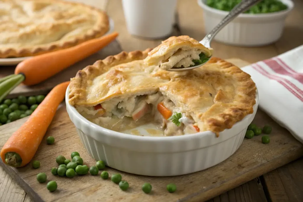 Creamy Chicken Pot Pie Made with Cream of Chicken Soup Freshly baked Creamy Chicken Pot Pie Made with Cream of Chicken Soup in a white dish, with a spoon lifting a piece of flaky crust filled with chicken, carrots, and peas.