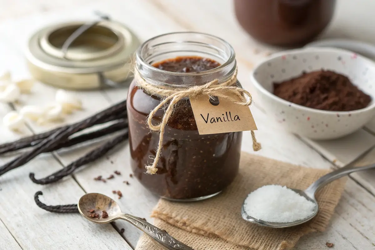 Glass jar filled with homemade vanilla paste recipe tied with a twine tag labeled 'Vanilla,' surrounded by vanilla beans, sugar, and cocoa powder on a rustic table.