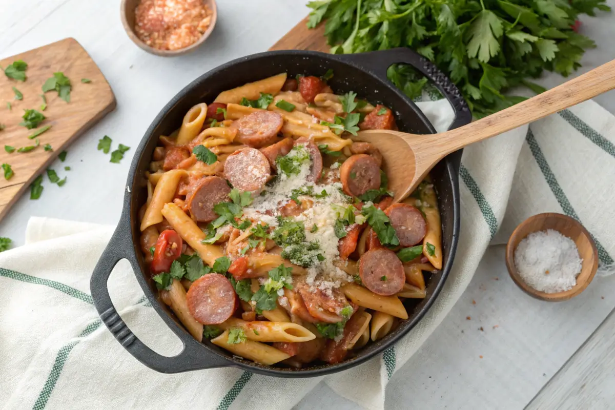 Skillet of penne pasta with slices of kielbasa, fresh parsley, cherry tomatoes, and grated parmesan, served on a rustic wooden table. kielbasa and pasta recipes