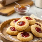 Freshly baked jam-filled cookies served on a wooden plate, dusted with powdered sugar.