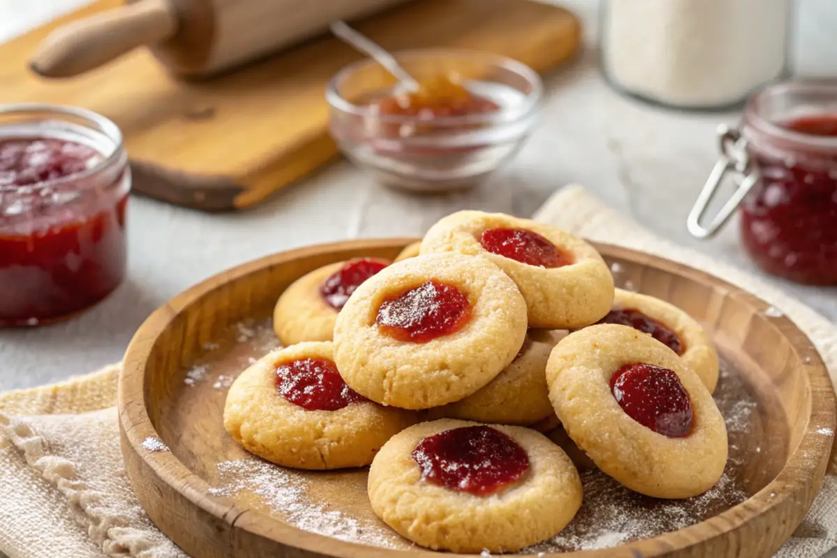 Freshly baked jam-filled cookies served on a wooden plate, dusted with powdered sugar.