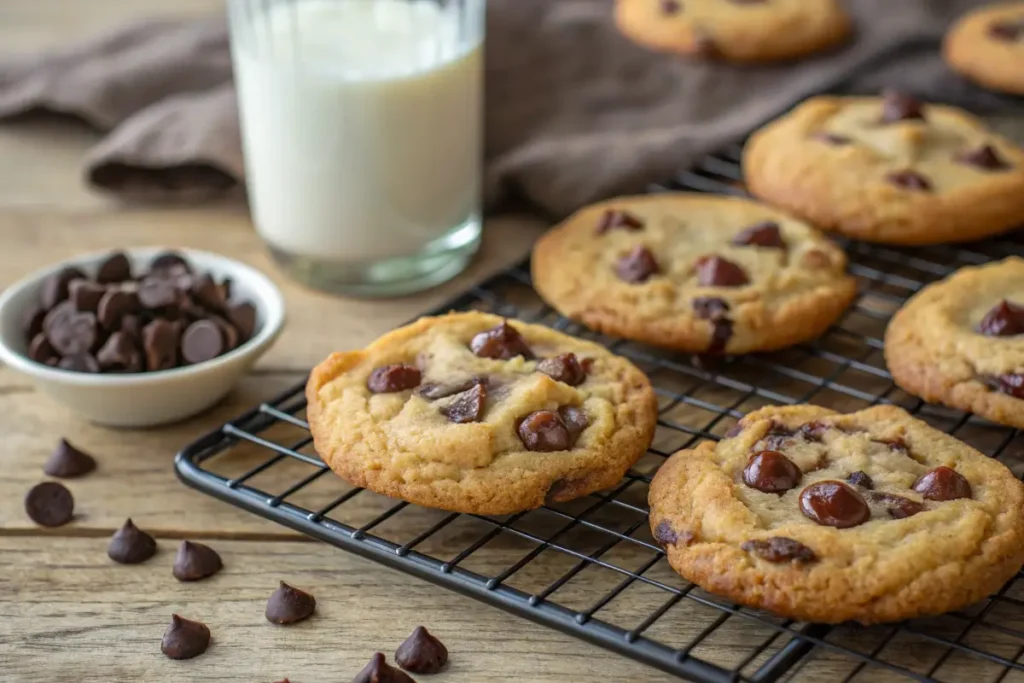 Chocolate Chip Cookie Recipe: Easy & Chewy Cookies Freshly baked chocolate chip cookie recipe cooling on a wire rack, with a glass of milk and a bowl of chocolate chips in the background.