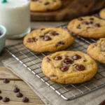 Close-up of chocolate chip cookies recipe cooling on a wire rack, with scattered chocolate chips and a glass of milk on a rustic wooden table.