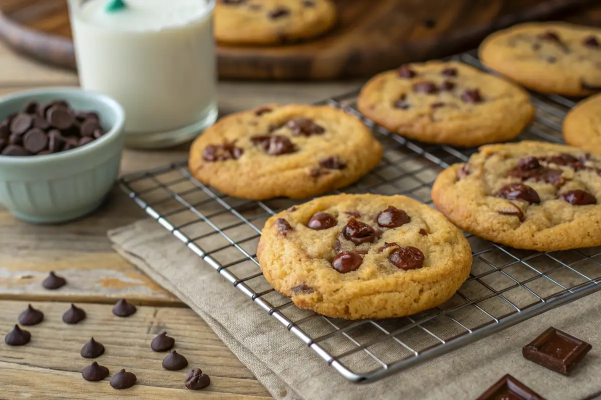 Close-up of chocolate chip cookies recipe cooling on a wire rack, with scattered chocolate chips and a glass of milk on a rustic wooden table.