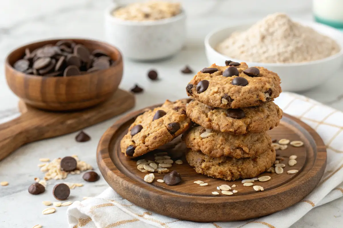 Freshly baked protein cookies stacked on a wooden plate, surrounded by oats, chocolate chips, and bowls of ingredients for a healthy snack.