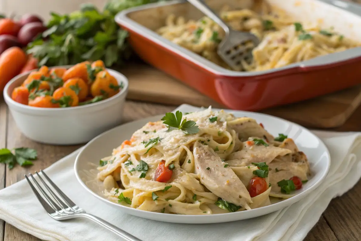 Plate of creamy pasta with shredded leftover rotisserie chicken recipes , cherry tomatoes, and fresh parsley, served alongside a bowl of vegetables.