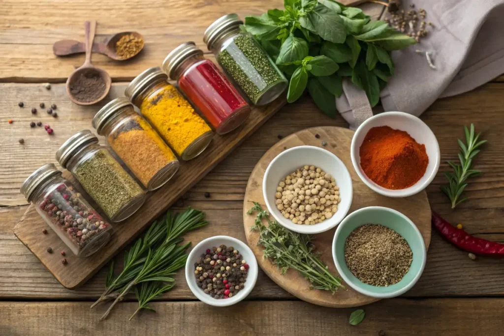 An assortment of spices, herbs, and grains arranged on a rustic wooden table. terra massoud recipe