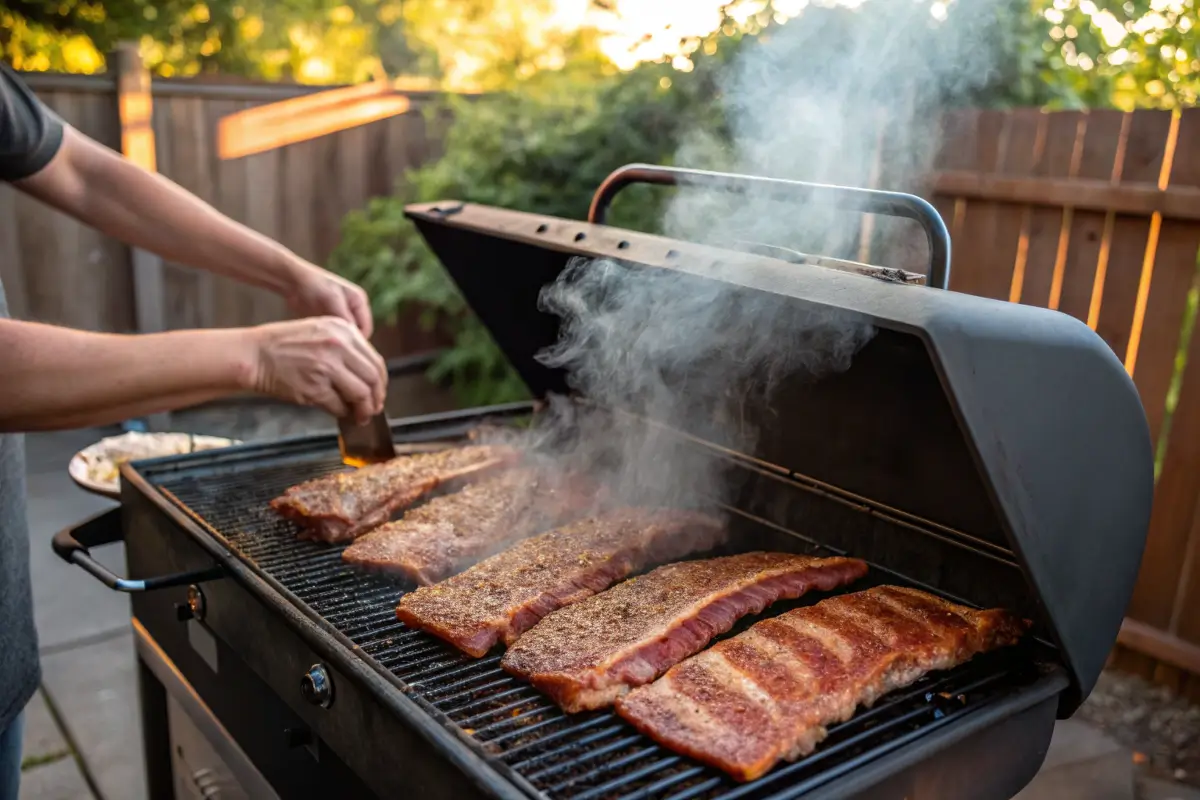 Smoking ribs on a backyard smoker recipes with a flavorful BBQ rub under warm outdoor lighting, with smoke rising from the grill.