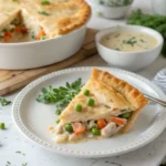 Slice of Creamy Chicken Pot Pie Made with Cream of Chicken Soup with golden crust on a white plate, garnished with parsley and peas, with the pie dish in the background.