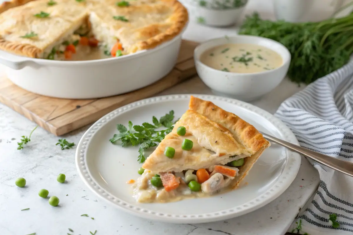 Slice of Creamy Chicken Pot Pie Made with Cream of Chicken Soup with golden crust on a white plate, garnished with parsley and peas, with the pie dish in the background.