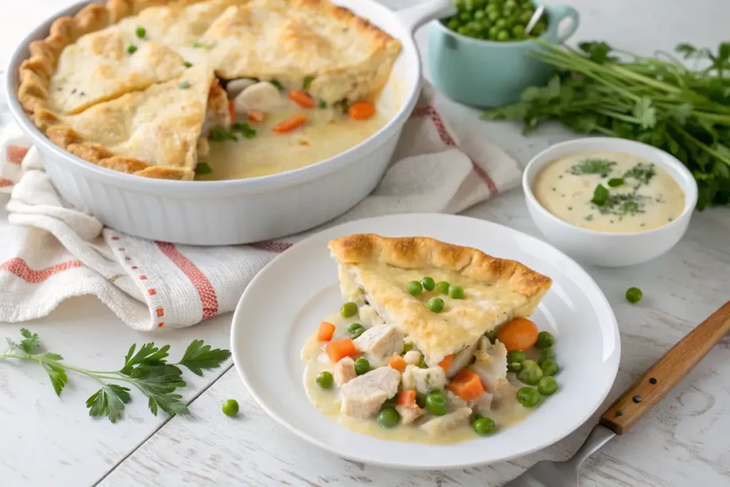 Creamy Chicken Pot Pie Made with Cream of Chicken Soup in a white baking dish with a slice on a white plate, surrounded by peas, parsley, and a bowl of cream of chicken soup.