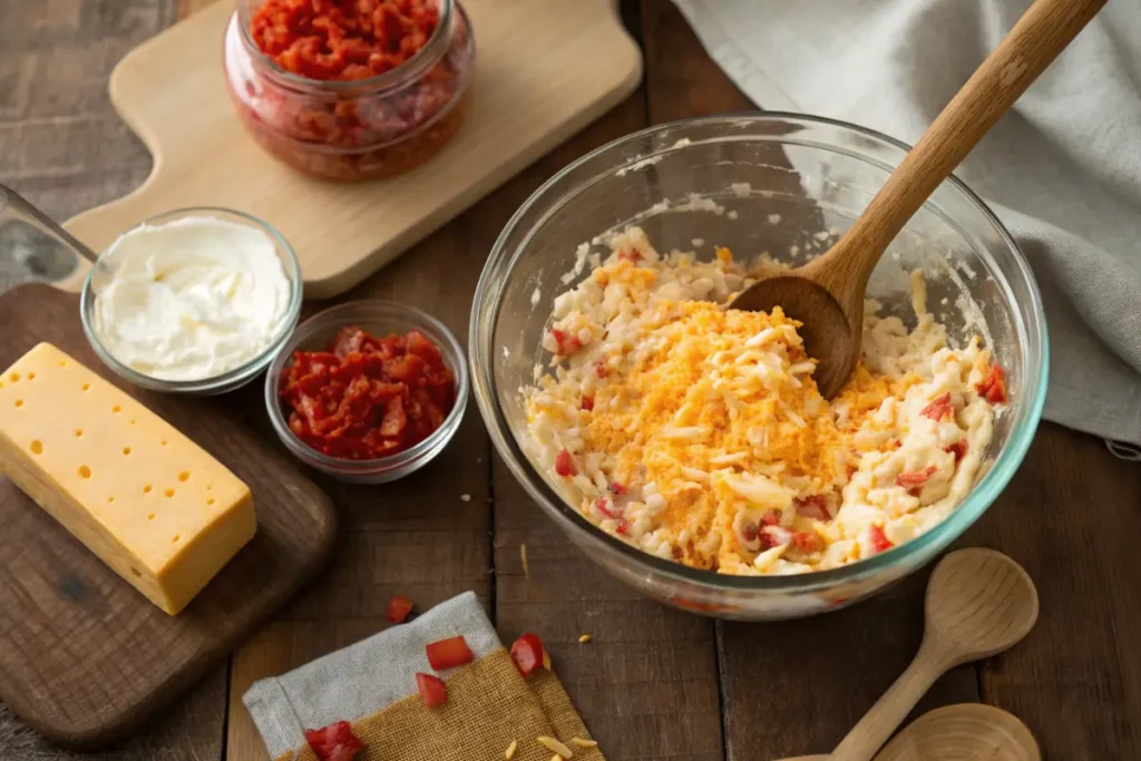 Old Fashioned Pimento Cheese Recipe: Easy & Creamy Ingredients for old fashioned pimento cheese recipe, including shredded cheddar cheese, mayonnaise, and diced pimentos, being mixed in a glass bowl.