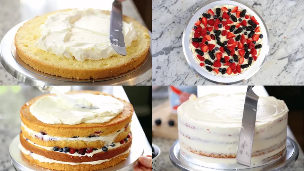 Chantilly Cake: Elevate Your Dessert Game Step-by-step assembly of Chantilly cake, featuring frosting spread on layers, fresh berries, and final smoothing of the outer frosting.