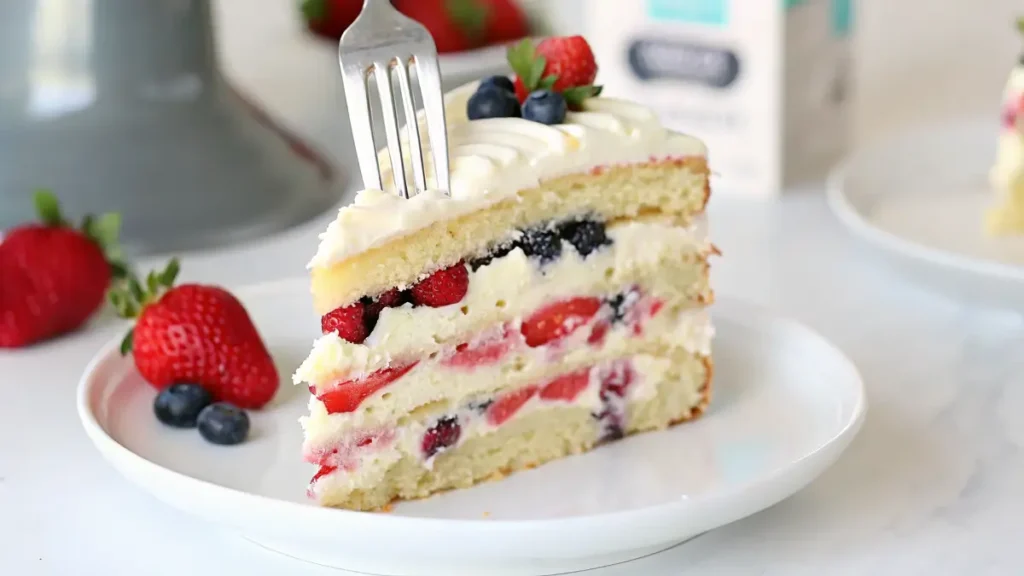 Chantilly Cake: Elevate Your Dessert Game A slice of Chantilly cake with layers of vanilla sponge, fresh berries, and whipped cream frosting, served on a white plate.