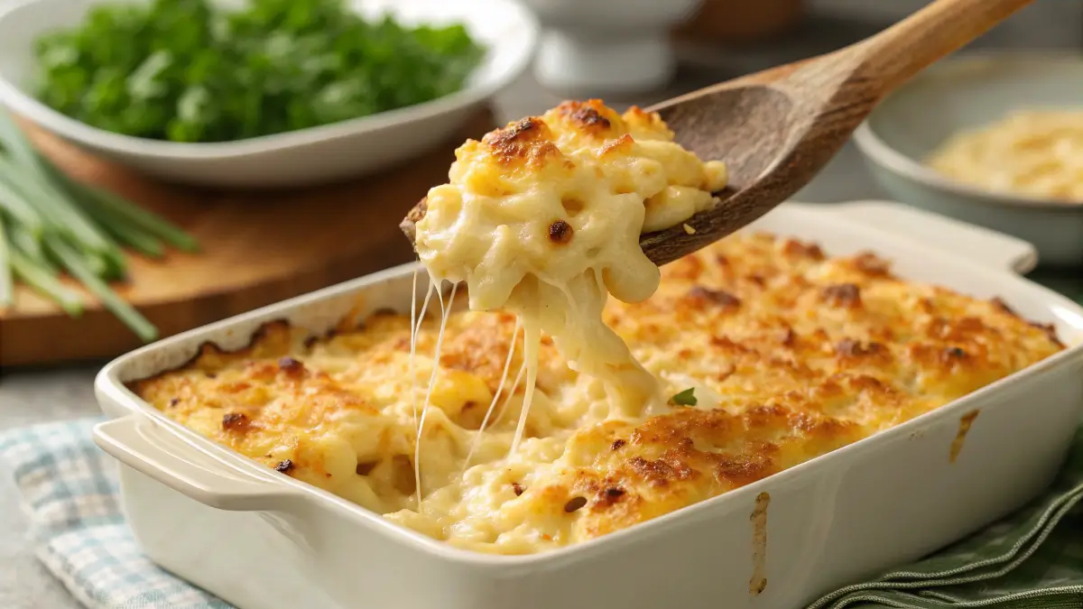 A spoonful of creamy baked mac and cheese being lifted from a casserole dish with golden, bubbling cheese on top.