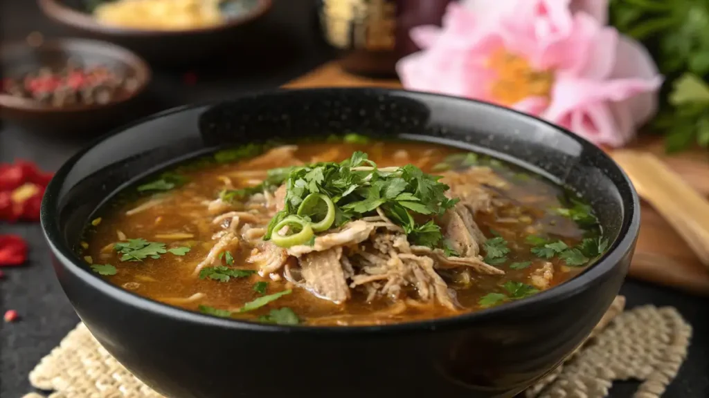 A bowl of traditional fish maw soup garnished with fresh cilantro in a black ceramic bowl, placed on a rustic table with a lotus flower in the background.