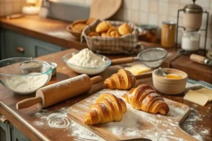 Gipfeli Recipe arranged in a wooden tray, paired with butter and black coffee in a ceramic cup on a rustic breakfast table.