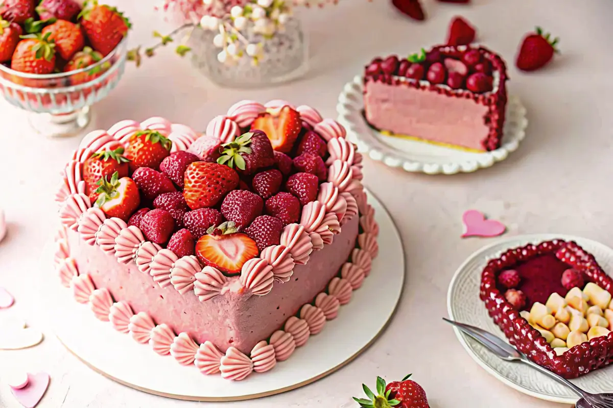 Heart shaped cake with red frosting and sprinkles