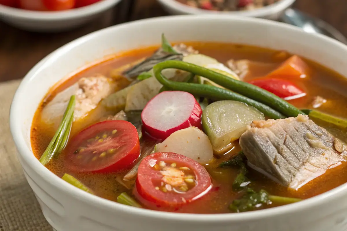 Traditional Filipino Sinigang soup with fresh tomatoes, radishes, green beans, and tender fish in a tangy tamarind broth.