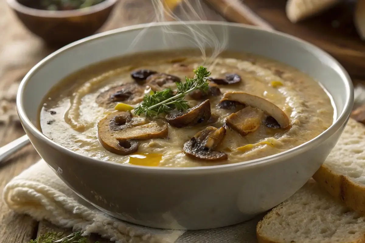 Creamy mushroom and brie soup with truffle oil and thyme