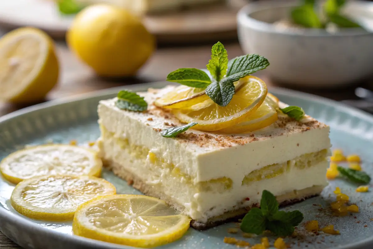 A close-up of limoncello tiramisu with mascarpone and lemon zest.