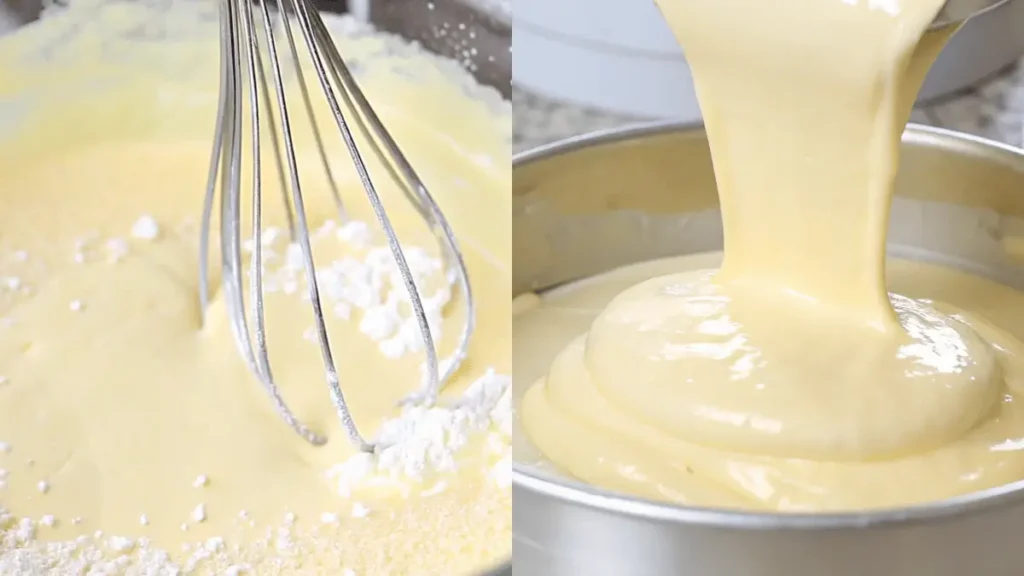 Chantilly Cake: Elevate Your Dessert Game batter being whisked in a bowl and poured into a round cake pan, showing its smooth and creamy texture.