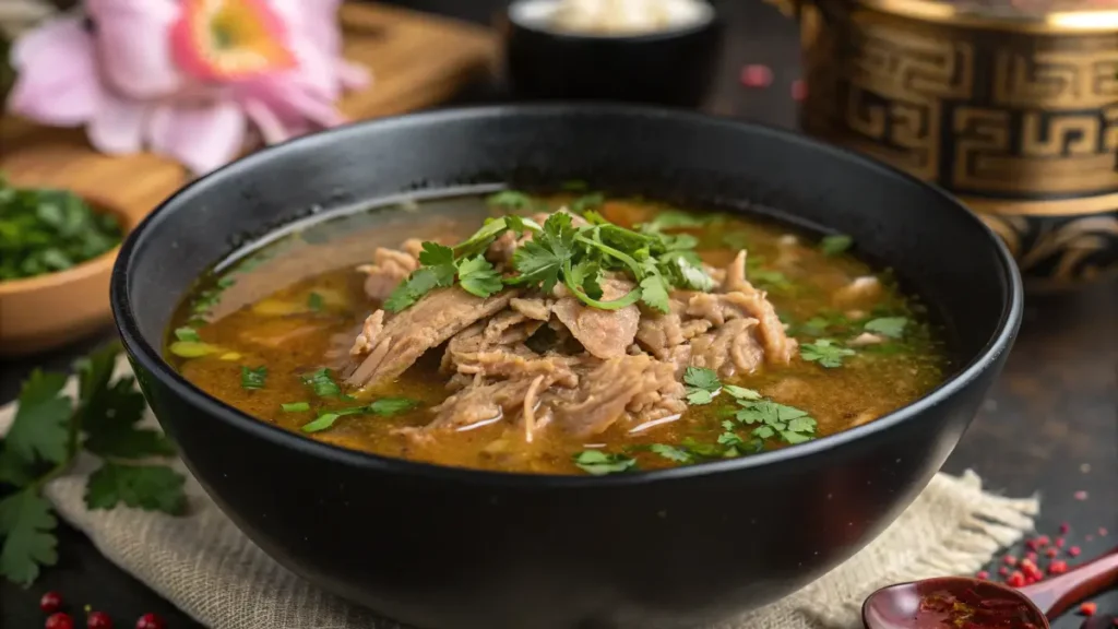 Fish Maw Soup Recipe: Easy and Nutritious Guide A close-up of fish maw soup in a black bowl, topped with cilantro and green onion, with colorful ingredients like spices and flowers in the background.