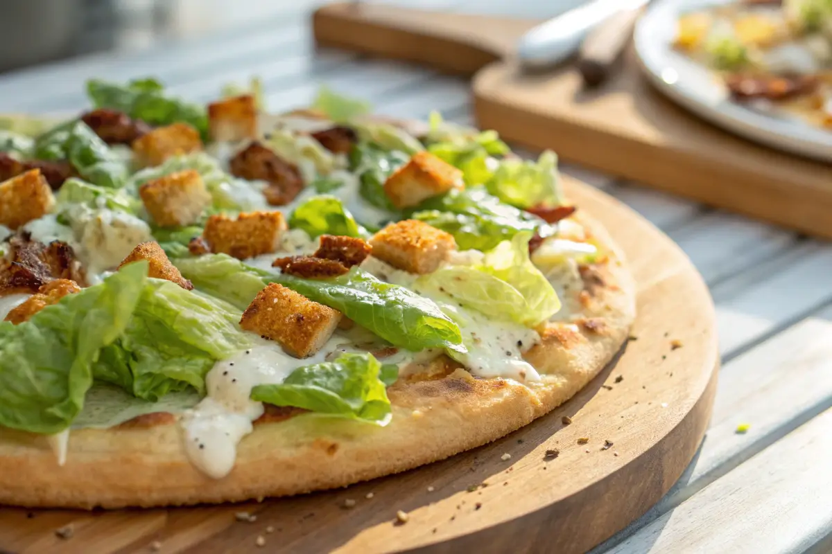 Chicken crust Caesar salad pizza on a wooden board with fresh toppings.