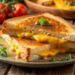 Close-up of grilled cheese sandwich with golden crust and melted cheese. Close-up of grilled cheese sandwich with golden crust and melted cheese.Starbucks grilled cheese recipe