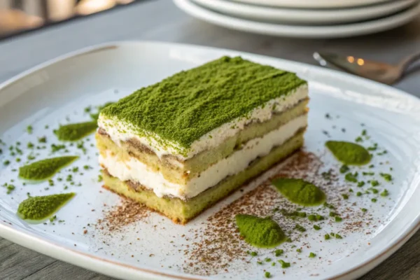 Matcha tiramisu layered with mascarpone cream and dusted matcha powder.