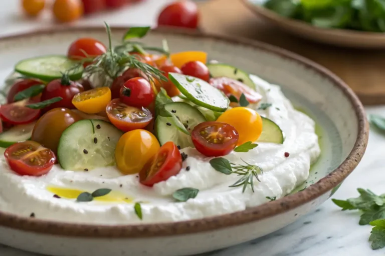 Whipped ricotta salad with colorful cherry tomatoes and cucumbers