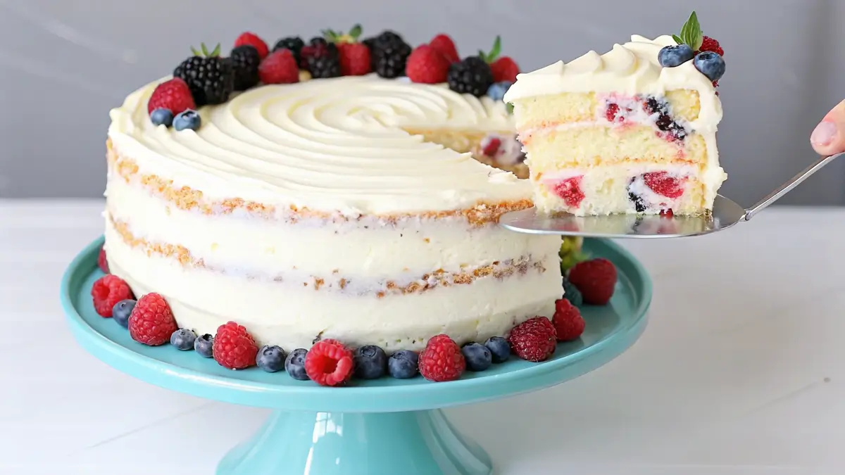 A whole Chantilly cake topped with whipped cream frosting, fresh berries, and a slice being served on a blue cake stand.