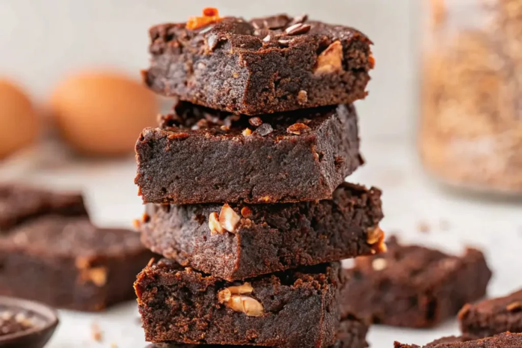 A stack of fudgy sweet potato brownies with chopped nuts on a light background.